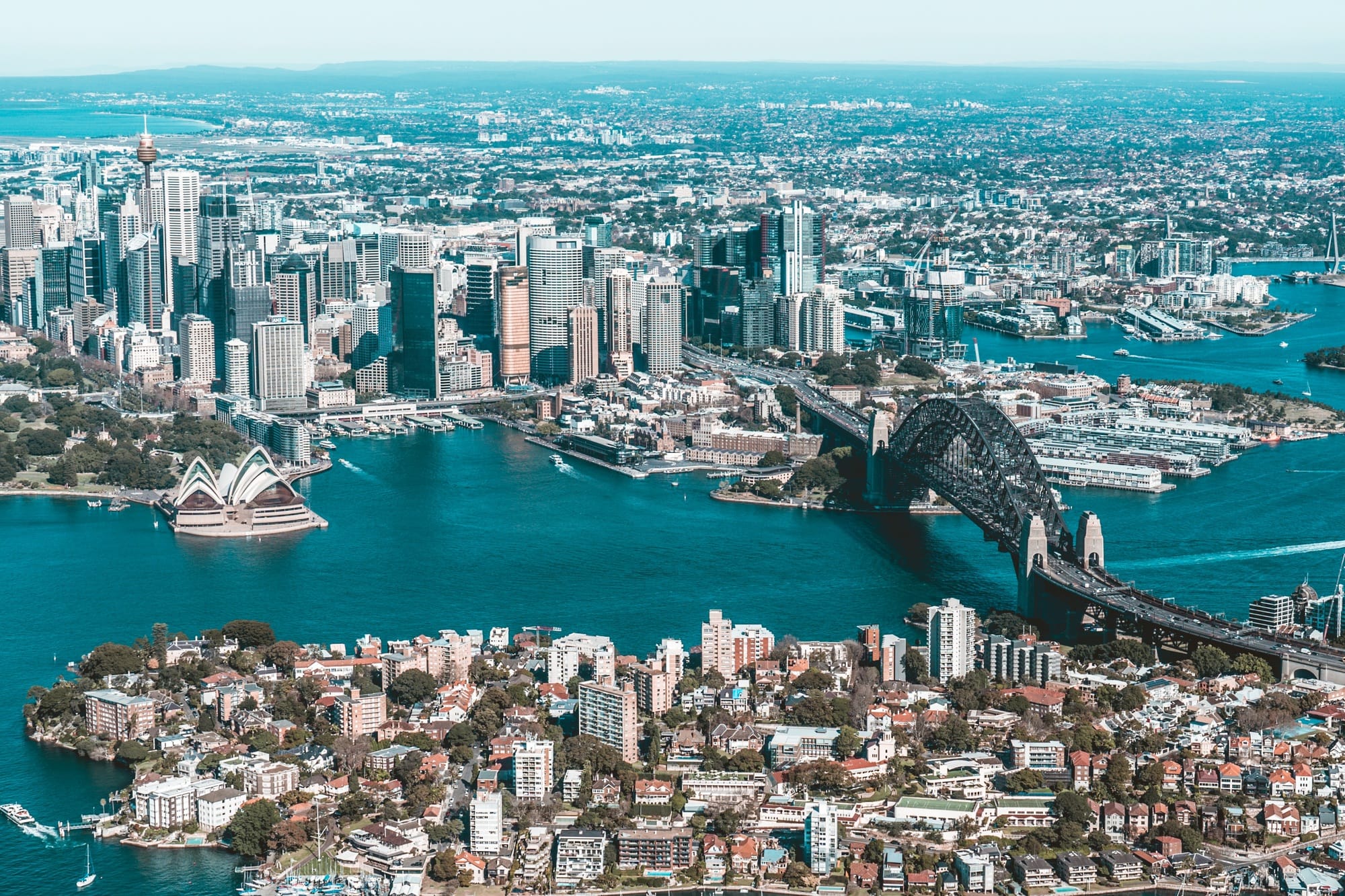 Top view of Sydney Australia, opera house, Sydney harbour bridge, city of Sydney